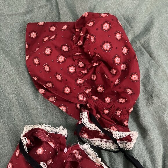 Vintage Handmade Prairie Dress Bonnet Historical Reenactment Calico Red Pioneer - Picture 12 of 13